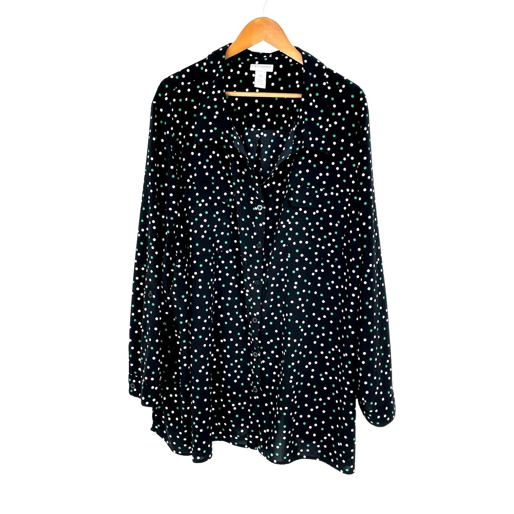Catherines Womens Plus 5X‎ Polka Dot Button Up Tunic Silky Blouse Long Sleeve